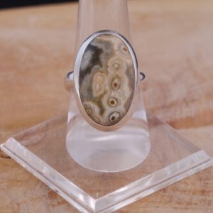 Bague argent et pierre ovale en jaspe océan. La bague est de face posée sur un porte bague transparent et fond bois