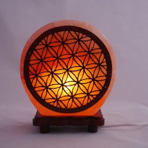 Lampe cristal de sel fleur de vie sur fond blanc de face