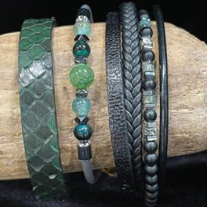 Bracelet en cuir pour homme couleur vert et pierre agate