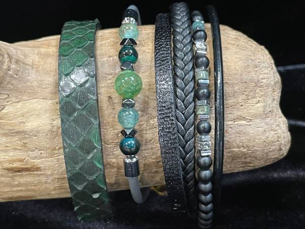 Bracelet en cuir pour homme couleur vert et pierre agate