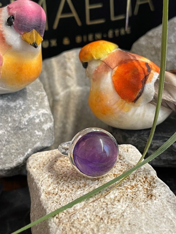 Bague argent et pierre améthyste violette forme ronde. Bague posée sur une pierre sur décor nature. Photo prise de face