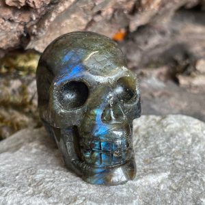 Crâne en pierre labradorite posée sur une pierre blanche. Photo prise de face