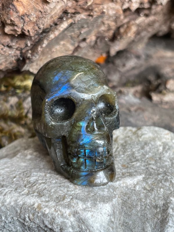 Crâne en pierre labradorite posée sur une pierre blanche. Photo prise de face